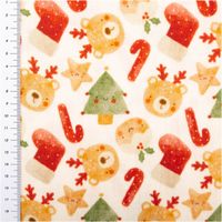 Musselin Stoff Baumwolle Digitaldruck Rufo Weihnachtsbären Zuckerstangen ecru rot 1,30m Breite Baumwollstoff mit Weihnachtsmotiven wie Baeren und Baeumen, Gesamtansicht der Musterwiederholung mit Meterstab.
