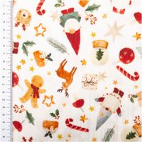 Musselin Stoff Baumwolle Digitaldruck Nowel Weihnachtswichtel Rentiere weiß rot 1,30m Breite Weihnachtlicher Stoff mit Rentier- und Lebkuchenmotiv in warmen Farben, mit Meterstab links.