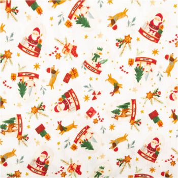 Musselin Stoff Baumwolle Digitaldruck Joujou Schneekugeln Weihnachtsmann weiß rot 1,30m Breite