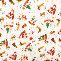 Musselin Stoff Baumwolle Digitaldruck Joujou Schneekugeln Weihnachtsmann weiß rot 1,30m Breite Baumwollstoff mit festlichem Motiv, zeigt Weihnachtsmann und Rentier in roten Tönen, Gesamtansicht.