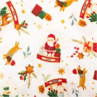 Musselin Stoff Baumwolle Digitaldruck Joujou Schneekugeln Weihnachtsmann weiß rot 1,30m Breite Stoff mit Weihnachtsmotiven, wie Weihnachtsmann und Geschenken, in einer Gesamtansicht des festlichen Musters.