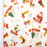 Musselin Stoff Baumwolle Digitaldruck Joujou Schneekugeln Weihnachtsmann weiß rot 1,30m Breite Weihnachtlicher Baumwollstoff mit Motiven von Schneemann und Rentier, mit Meterstab sichtbar.