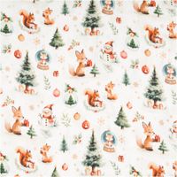 Musselin Stoff Baumwolle Digitaldruck Dounoel Waldtiere Tannenbäume weiß grün 1,30m Breite Baumwollstoff mit Waldtieren, Tannenbäumen und Schneemännern auf weißem Hintergrund, weihnachtliches Motiv