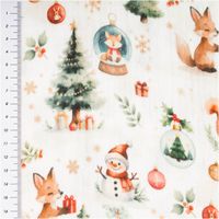 Musselin Stoff Baumwolle Digitaldruck Dounoel Waldtiere Tannenbäume weiß grün 1,30m Breite Musselin Baumwollstoff mit Fuchs, Tannenbaum, Schneemann und Geschenk-Motiven auf weiß-grünem Grund, Maßband links