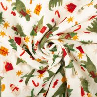 Musselin Stoff Baumwolle Digitaldruck Dinoel Weihnachtsdinos weiß grün 1,30m Breite Weihnachtsstoff mit Dinosaurier- und Geschenk-Motiv in Gruen-Rot spiralförmig drapiert.