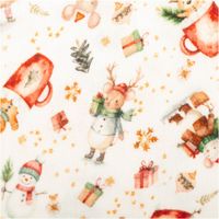 Baumwollstoff mit weihnachtlichem Motiv, Detailaufnahme der Figuren und Geschenke in Rot-Gruen-Weiss.