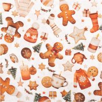 Baumwollstoff Popeline Digitaldruck Mikongi Weihnachtsbäckerei Lebkuchen weiß rot 1,50m Breite Nahaufnahme der Popeline Mikongi: Lebkuchenmann, Strickmütze, Pullover und Plätzchen
