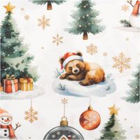 Baumwollstoff Popeline Digitaldruck Bearnoel Tannenbäume Bären weiß grün 1,50m Breite Nahaufnahme der Popeline Bearnoel: schlafender Bär mit Weihnachtsmütze neben Tannenbaum