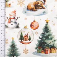 Baumwollstoff Popeline Digitaldruck Bearnoel Tannenbäume Bären weiß grün 1,50m Breite Popeline Bearnoel mit Maßband zur Größe von Schneemann und Schneekugel