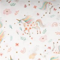 Baumwollstoff Popeline Digitaldruck Orianna Einhörner Regenbogen rosa türkis 1,50m Breite Nahaufnahme der Popeline Orianna: Einhorn mit Regenbogenmähne zwischen Blüten