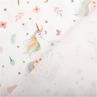 Baumwollstoff Popeline Digitaldruck Orianna Einhörner Regenbogen rosa türkis 1,50m Breite Popeline Orianna Einhörner: bedruckte Vorderseite und helle Rückseite im Vergleich