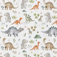 Baumwollstoff Popeline Digitaldruck Dinox Dinosaurier Blätter grün beige 1,50m Breite Baumwollstoff weiß mit Dinosauriern in Grau, Grün und Orange zwischen Blättern
