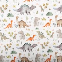 Baumwollstoff Popeline Digitaldruck Dinox Dinosaurier Blätter grün beige 1,50m Breite Baumwoll-Popeline Dinox mit Aquarell-Dinosauriern und Blättern in Grün, Grau und Orange, flach ausgebreitet