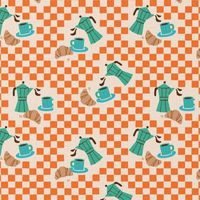 Baumwollstoff Popeline Cafe Espressokannen Croissants orange türkis 1,50m Breite Baumwollstoff mit Espressokannen, Tassen und Croissants auf orangefarbenem Schachbrettkaro