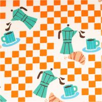 Baumwollstoff Popeline Cafe Espressokannen Croissants orange türkis 1,50m Breite Nahaufnahme der Popeline Cafe: türkisfarbene Espressokannen und Tassen mit Croissant auf Orange-Karo