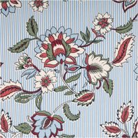 Baumwollstoff Popeline Panji Indienne Blumen Streifen ecru blau 1,50m Breite Nahaufnahme der Popeline Panji Indienne: Indienne-Blüten in Rot, Ecru und Grün auf feinen blauen Streifen