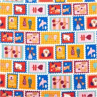 Baumwollstoff Popeline Timbres Briefmarken Tiere rot gelb 1,50m Breite Baumwoll-Popeline Timbres mit bunten Briefmarken-Motiven in Rot, Gelb und Blau, flach ausgebreitet