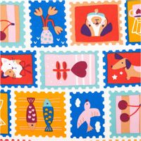 Baumwollstoff Popeline Timbres Briefmarken Tiere rot gelb 1,50m Breite Nahaufnahme der Popeline Timbres: Briefmarken mit Katze, Dackel, Fischen und Vogel