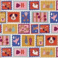 Baumwollstoff Popeline Timbres Briefmarken Tiere rot gelb 1,50m Breite Baumwollstoff mit bunten Briefmarken, darauf Hunde, Katzen, Vögel und Fische