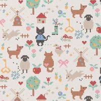 Baumwollstoff Popeline Pomeline Kreuzstich Tiere natur rot 1,50m Breite Baumwollstoff natur mit Kreuzstich-Motiven aus Katzen, Hunden, Schafen und Windmühlen