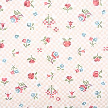 Baumwollstoff Popeline Pomsy Kreuzstich Blumen natur rot 1,50m Breite Baumwoll-Popeline Pomsy mit Blumen und Äpfeln im Kreuzstich-Look auf zartem Karo, flach ausgebreitet