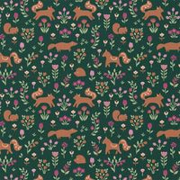 Baumwollstoff Popeline Faunia Waldtiere Blumen dunkelgrün rosa 1,50m Breite Baumwollstoff dunkelgrün mit Füchsen, Bären, Igeln und rosa Tulpen