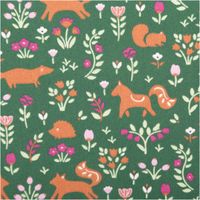 Baumwollstoff Popeline Faunia Waldtiere Blumen dunkelgrün rosa 1,50m Breite Nahaufnahme der Popeline Faunia Waldtiere: Füchse, Eichhörnchen und Igel zwischen rosa Blumen