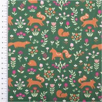 Baumwollstoff Popeline Faunia Waldtiere Blumen dunkelgrün rosa 1,50m Breite Popeline Faunia Waldtiere Blumen dunkelgrün rosa mit Maßband zur Größe der Tiere