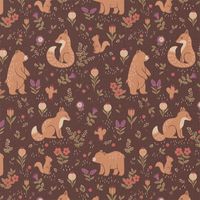 Baumwollstoff Popeline Sylvana Waldtiere Blumen aubergine grün 1,50m Breite Baumwollstoff aubergine mit Füchsen, Bären, Eichhörnchen und Blüten