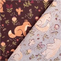 Baumwollstoff Popeline Sylvana Waldtiere Blumen aubergine grün 1,50m Breite Popeline Sylvana Waldtiere aubergine: bedruckte Vorderseite und hellere Rückseite im Vergleich