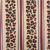 Dekostoff Baumwolle Canvas Halbpanama Leoli2 Leo Streifen beige bordeaux 1,50m Breite Nahaufnahme des Dekostoffs Leoli2: Leomuster-Bahnen zwischen bordeauxroten und blauen Streifen