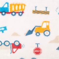 Fleecestoff Camions Baufahrzeuge Bagger hellgrau rot 1,50 m Breite Nahaufnahme des Kuschelstoffs Camions: blauer Kipper und gelber Radlader auf flauschigem Flor