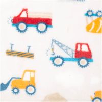 Fleecestoff Camions Baufahrzeuge Bagger hellgrau rot 1,50 m Breite Nahaufnahme des Kuschelstoffs Camions: roter Pick-up, Kranwagen und gelber Radlader