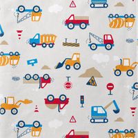 Plüschstoff Kuschelplüsch Camions3 Baufahrzeuge hellgrau rot 1,50m Breite Kuschelplüsch hellgrau mit Baggern, Kipplastern, Kränen und Verkehrsschildern in Rot und Blau