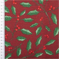 Weihnachtsstoff Dekostoff Halbpanama Holly Branch Stechpalme Zweige weinrot Stoff mit Stechpalmenmuster und Maßstab auf rotem Hintergrund
