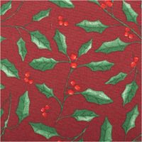 Weihnachtsstoff Dekostoff Halbpanama Holly Branch Stechpalme Zweige weinrot Textilstoff mit grünem Blättchen- und roten Beerenmuster auf rotem Hintergrund