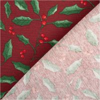 Weihnachtsstoff Dekostoff Halbpanama Holly Branch Stechpalme Zweige weinrot Textilgewebe mit grünem Stechpalmenmuster auf rotem und weißem Hintergrund