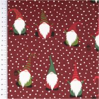 Weihnachtsstoff Dekostoff Halbpanama Jolly Tomte Wichtel Gnome weinrot 1,40m Breite Stoffmuster mit Weihnachtswichteln und Schneeflocken auf rotem Hintergrund