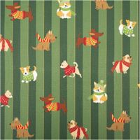 Weihnachtsstoff Dekostoff Halbpanama Digitaldruck Dog Frost Friends Hunde Winter dunkelgrün 1,40m Breite Geschenkpapier mit Hunden in Pullovern auf grünem Hintergrund