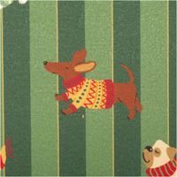Weihnachtsstoff Dekostoff Halbpanama Digitaldruck Dog Frost Friends Hunde Winter dunkelgrün 1,40m Breite Hunde mit Pullovern auf gestreiftem Hintergrund