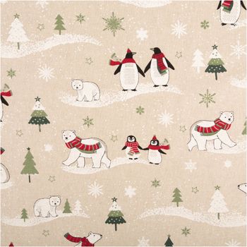 Weihnachtsstoff Dekostoff Halbpanama Leinenlook Eisbären Pinguine natur weiß rot grün 1,40m Breite Halbpanama Stoff mit Eisbären und Pinguinen im Leinenlook, weihnachtliche Motive in natur, weiß, rot und grün