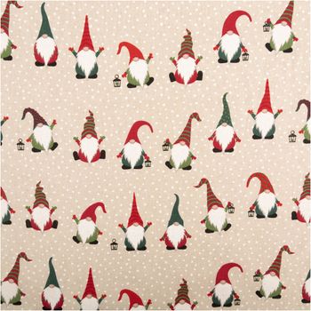 Weihnachtsstoff Dekostoff Halbpanama Leinenlook Jolly Tomte Wichtel natur rot grün weiß 1,40m Breite Nahaufnahme Dekostoff Halbpanama mit Weihnachtswichteln in rot, grün und weiß auf naturfarbenem Hintergrund