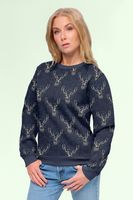 Sweat Glitzerpüppi Hirsch marine grau Frau trägt ein Sweatshirt aus dem Sweatstoff mit Hirschköpfen auf Marine