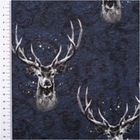 Sweat Stoff Glitzerpüppi Hirsch Hirschkopf Geweih Digitaldruck marine grau 1,45m Breite dunkelblauer Sweatstoff mit Hirschkopf und Geweih Motiv, dezentes Glitzerdekor, links Maßband im Bild