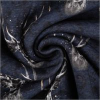 Sweat Stoff Glitzerpüppi Hirsch Hirschkopf Geweih Digitaldruck marine grau 1,45m Breite Sweatstoff mit Hirschkopf und Geweih in marinefarbenem Ton, leicht zur Spirale gedreht, Glitzereffekte sichtbar