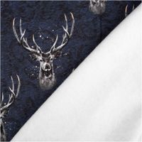 Sweat Stoff Glitzerpüppi Hirsch Hirschkopf Geweih Digitaldruck marine grau 1,45m Breite dunkelblauer Sweatstoff mit Hirschmotiv und Glitzereffekt, Vorder- und Rückseite schräg gezeigt