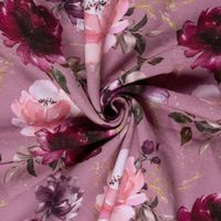 Sweat Glitzerpüppi Rosen altrosa beere Sweatstoff mit Rosen in Rosa, Beere und Weinrot auf Altrosa, gerafft gedreht