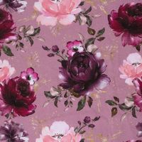 Sweat Glitzerpüppi Rosen altrosa beere Sweatstoff mit Rosen in Rosa, Beere und Weinrot auf Altrosa, Ansicht des Musters in voller Breite