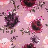 Sweat Stoff Glitzerpüppi Rosen Blumen Digitaldruck altrosa beere 1,45m Breite Sweatstoff mit Rosen und Blumenmotiv in altrosa und beere, Nahaufnahme des floralen Digitaldrucks