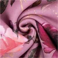 Sweat Stoff Glitzerpüppi Rosen Blumen Digitaldruck altrosa beere 1,45m Breite Sweatstoff altrosa mit Glitzer und Blumenmotiven spiralförmig gedreht, floraler Digitaldruck in beere und rosa